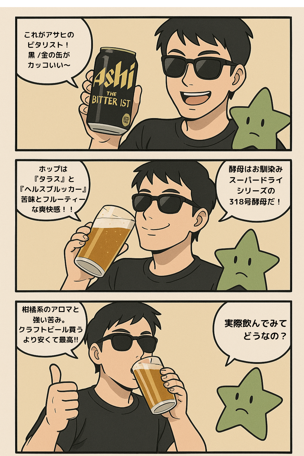 アサヒ ザ・ビタリストをテーマにした四コマ漫画 解説入り
