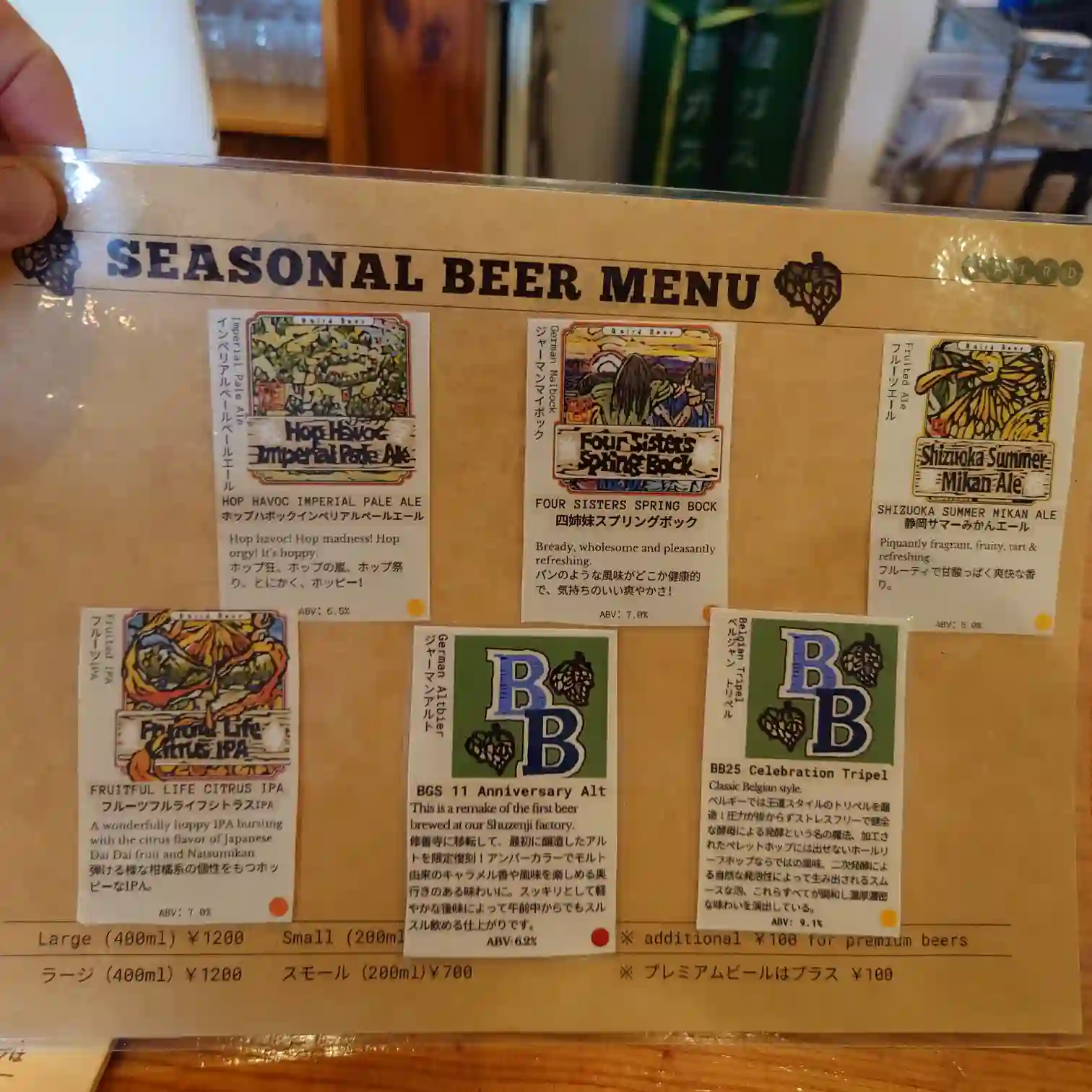 伊豆・修善寺のベアードブルワリーで提供されている季節限定クラフトビールのメニュー。ホップヘイヴォックIPAやみかんエールなど、個性的な期間限定ビール6種が紹介されている。