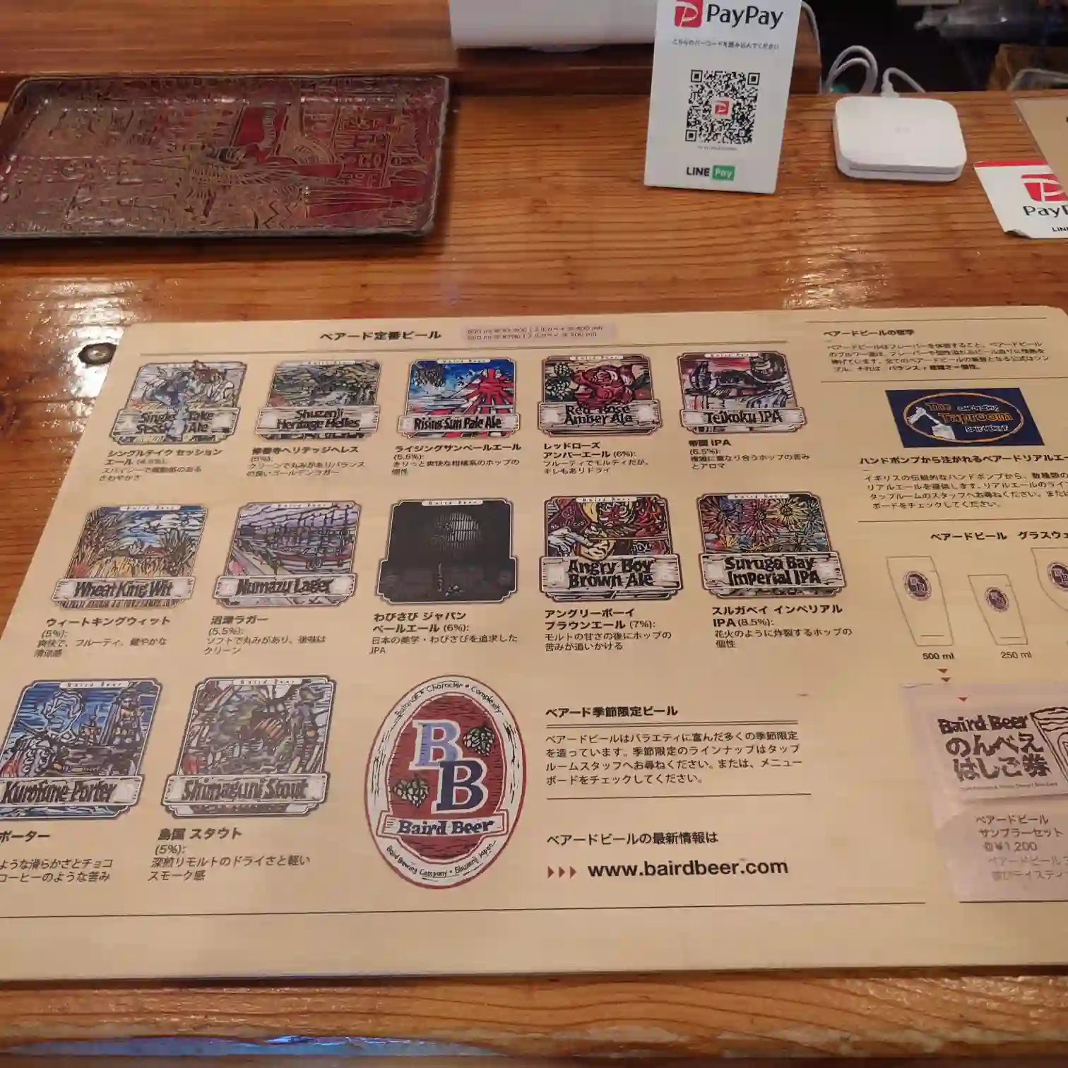 修善寺にあるベアードブルワリーのカウンターに置かれたクラフトビール定番メニュー。ライジングサン・ペールエールやスルガベイIPAなど15種の銘柄が並び、グラスやイベント情報も掲載されている。