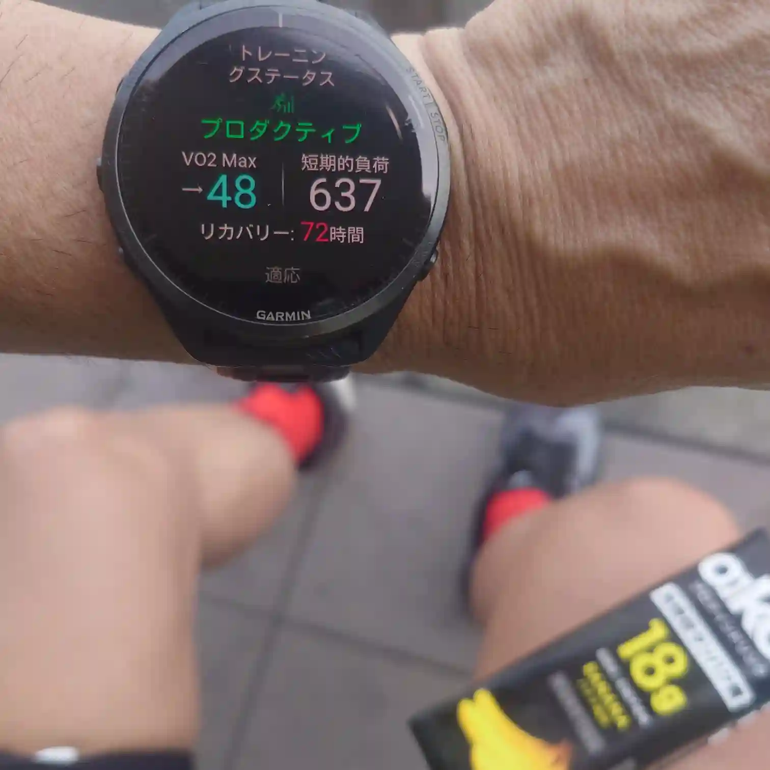 Garminのトレーニングステータス画面。プロダクティブ、VO2 Max48、短期的負荷637、リカバリー72時間と表示されている