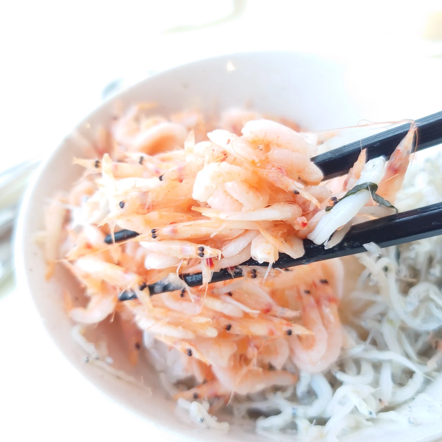 桜えびとしらすの二色丼をすくう