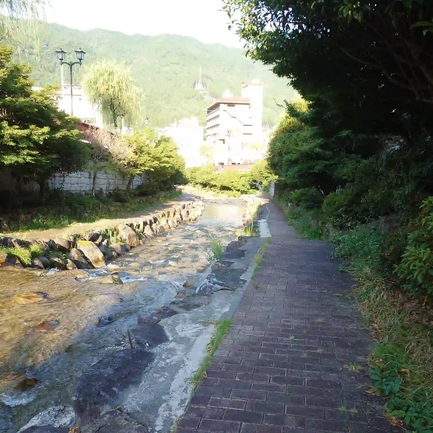 阿多野川の対岸へ渡ってUターン、朝は木陰が続くレンガ舗装の川沿い遊歩道を下流へ戻る—下呂温泉・菊半旅館発3kmコース