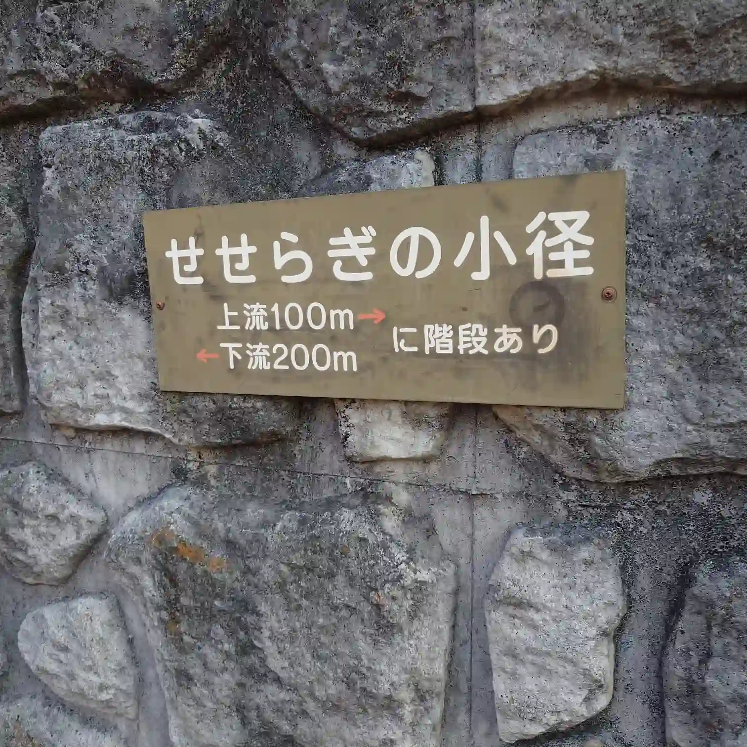 阿多野川「せせらぎの小径」の案内板。上流100m・下流200mに階段ありと示す、川沿い遊歩道の分岐目印—下呂温泉・菊半旅館発3kmコース