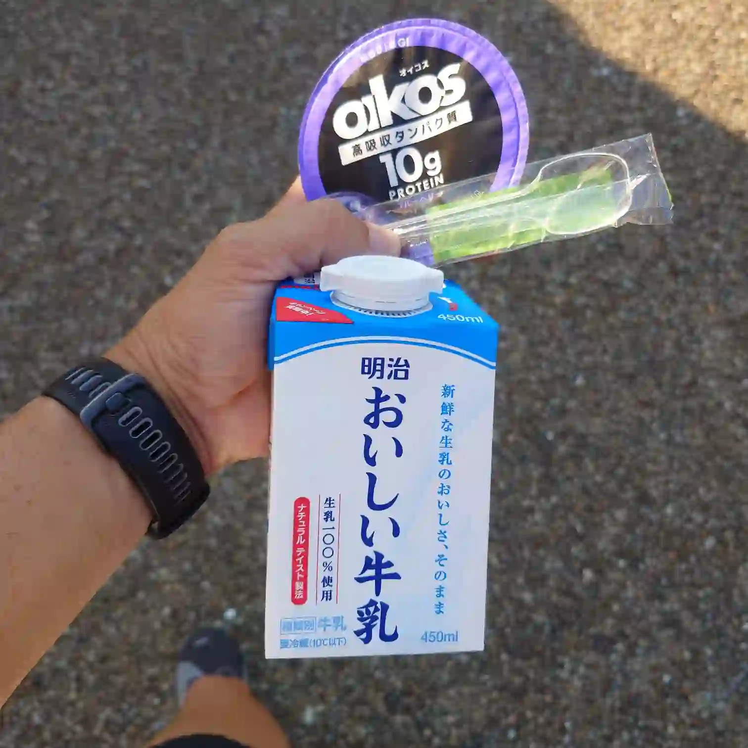 阿多野川沿いのローソンで補給。ザバスが無く、明治おいしい牛乳450mlとオイコスでタンパク質チャージ—下呂温泉・菊半旅館発3km朝ラン