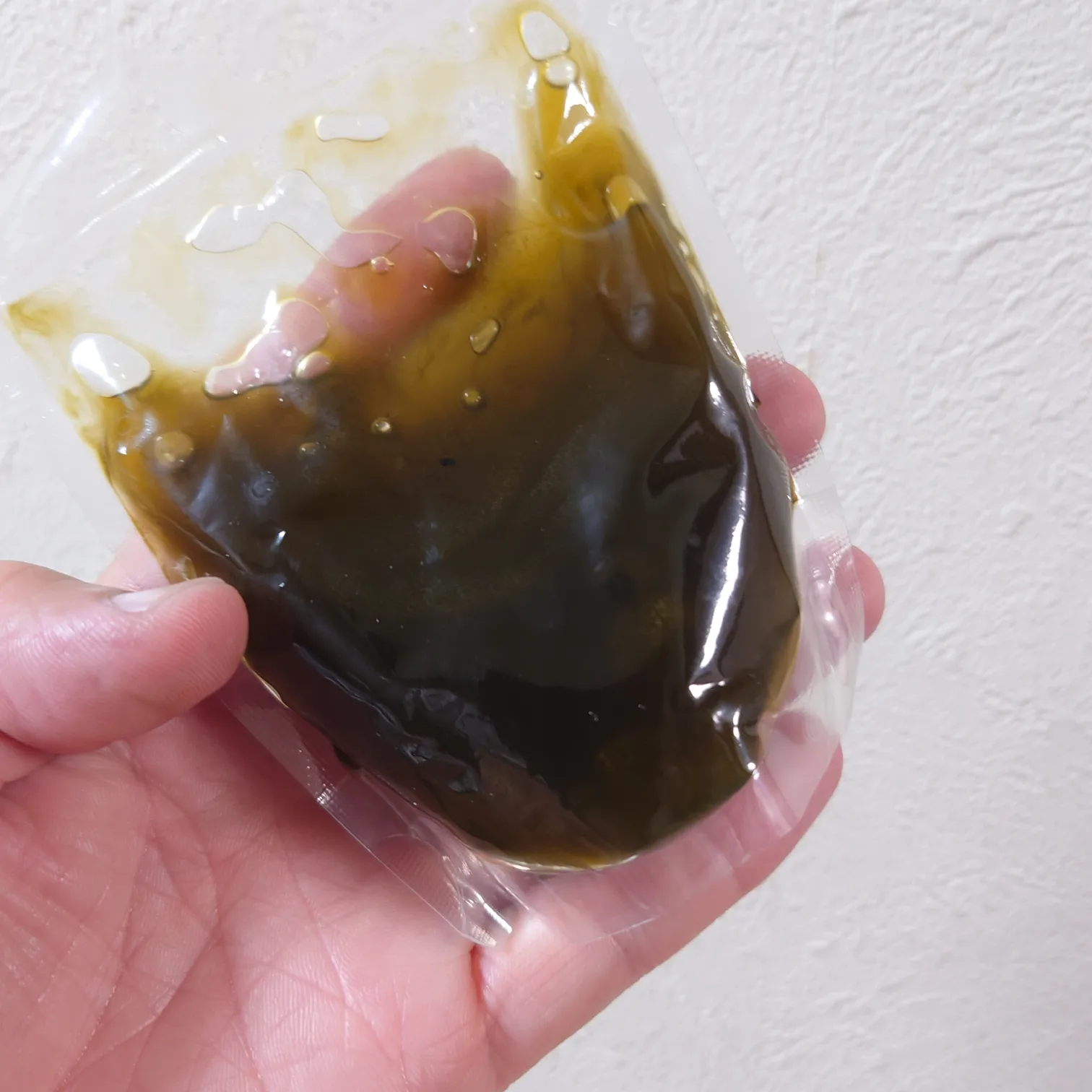 手に持った抹茶くずきりのパック。瑞々しい抹茶色が透ける。