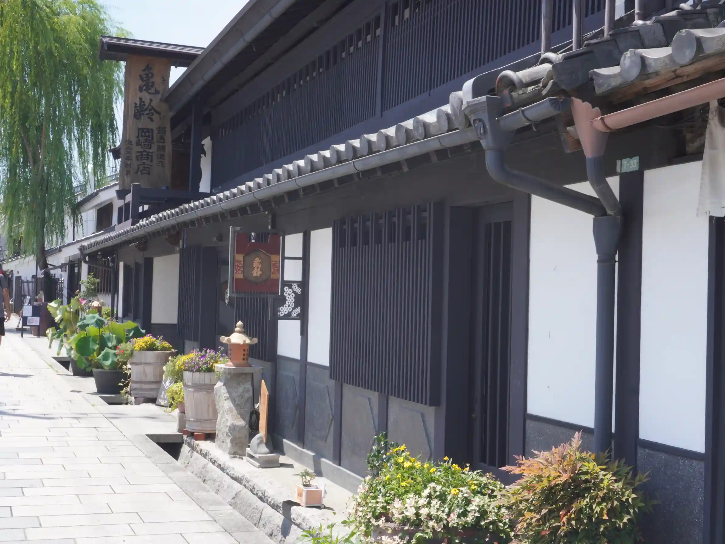 柳町通りに面した岡崎酒造の町家風外観。白壁と黒格子、亀齢の行燈看板と季節の鉢植え