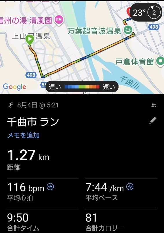 ホテルから戸倉観世温泉までのランログ。千曲川手前のウォームアップ走