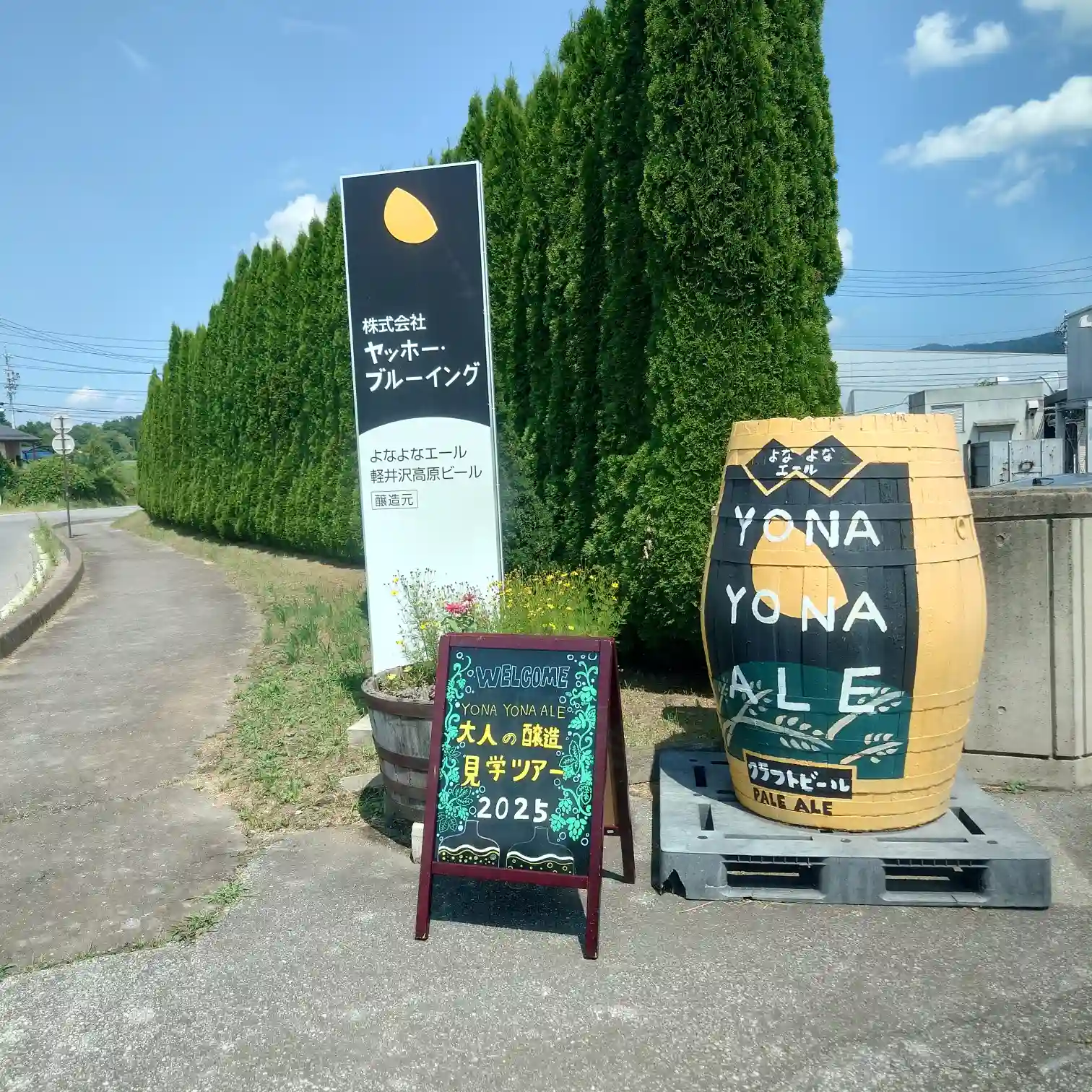 ヤッホーブルーイング工場入口に到着|よなよなエール 大人の醸造所見学 長野・佐久のヤッホーブルーイング工場入口|生け垣沿いの案内サインとYONA YONA ALE樽オブジェ、ウェルカムボードが並ぶ到着シーン