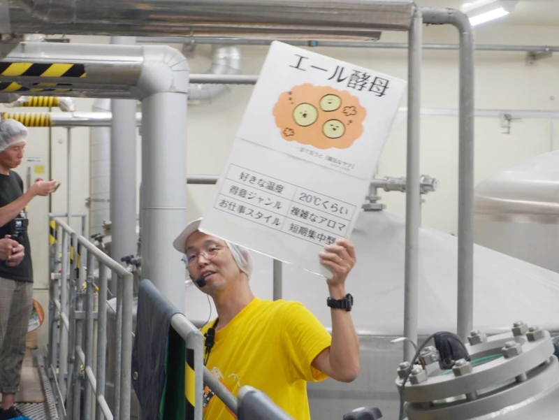 第2章 コールドルームで酵母比較|エール酵母の特性 長野・佐久 ヤッホーブルーイング よなよなエールの醸造所見学 第2章|低温のコールドルームで案内スタッフがエール酵母のパネルを掲げて解説 背後に発酵タンクが整然と並ぶ