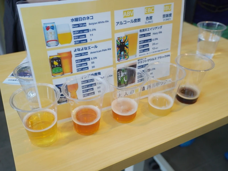 5種類のクラフトビールを飲み比べできるテイスティングセット 5種類を並べたテイスティングカップ