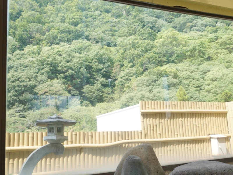 戸倉上山田温泉ホテル晴山の女性大浴場から眺める竹垣越しの緑豊かな山々の景色