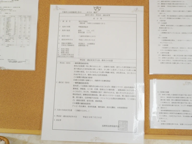 戸倉上山田温泉ホテル晴山の大浴場に掲示された温泉成分分析書と利用上の注意