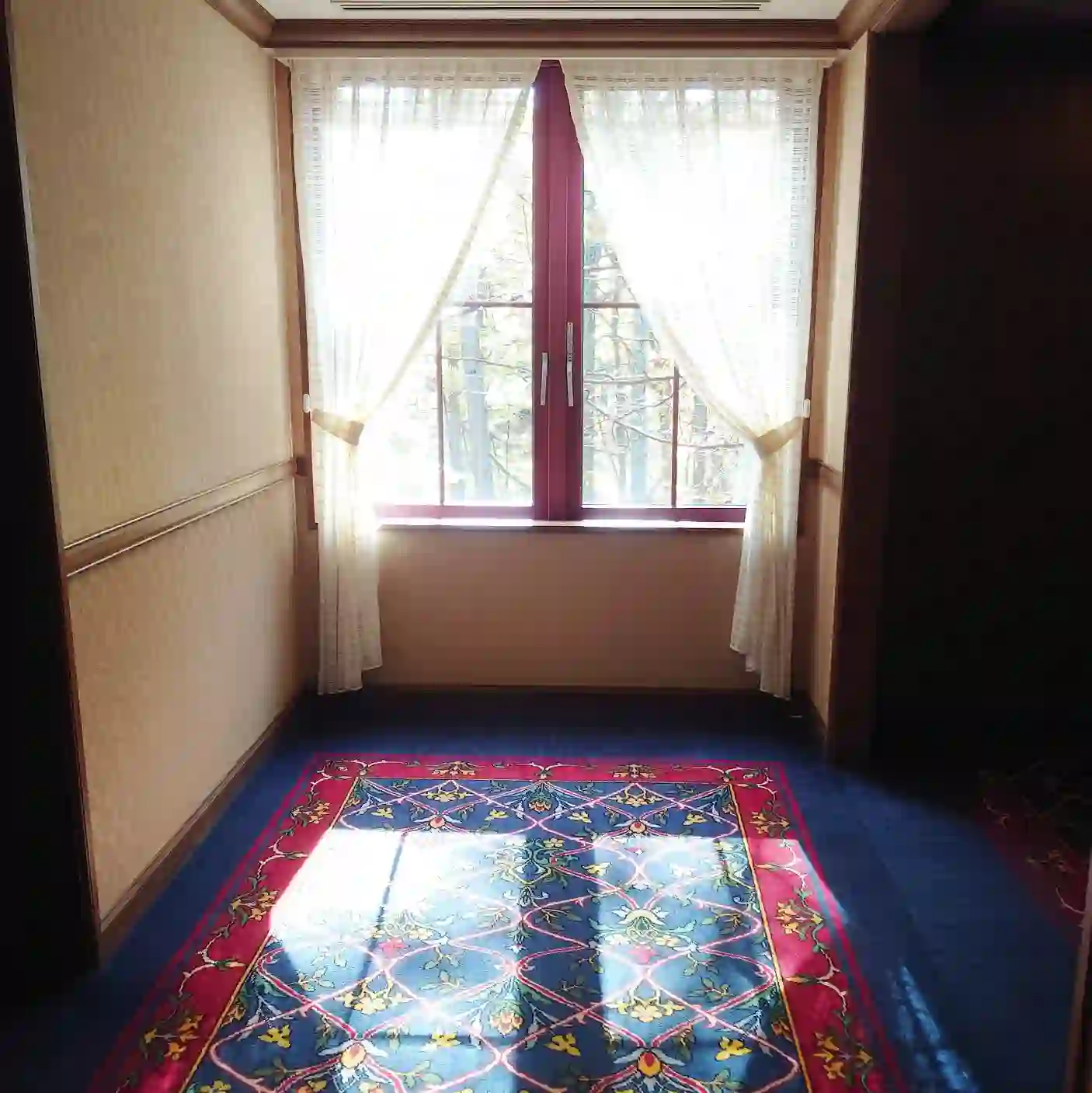 会員制ホテル エクシブ蓼科 スイート宿泊の朝　廊下の窓から差し込む光が絨毯に映る　朝の散歩へ向かう前の一瞬