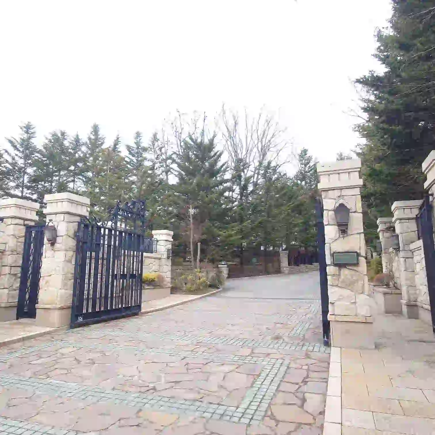 重厚な鉄の門扉と石畳