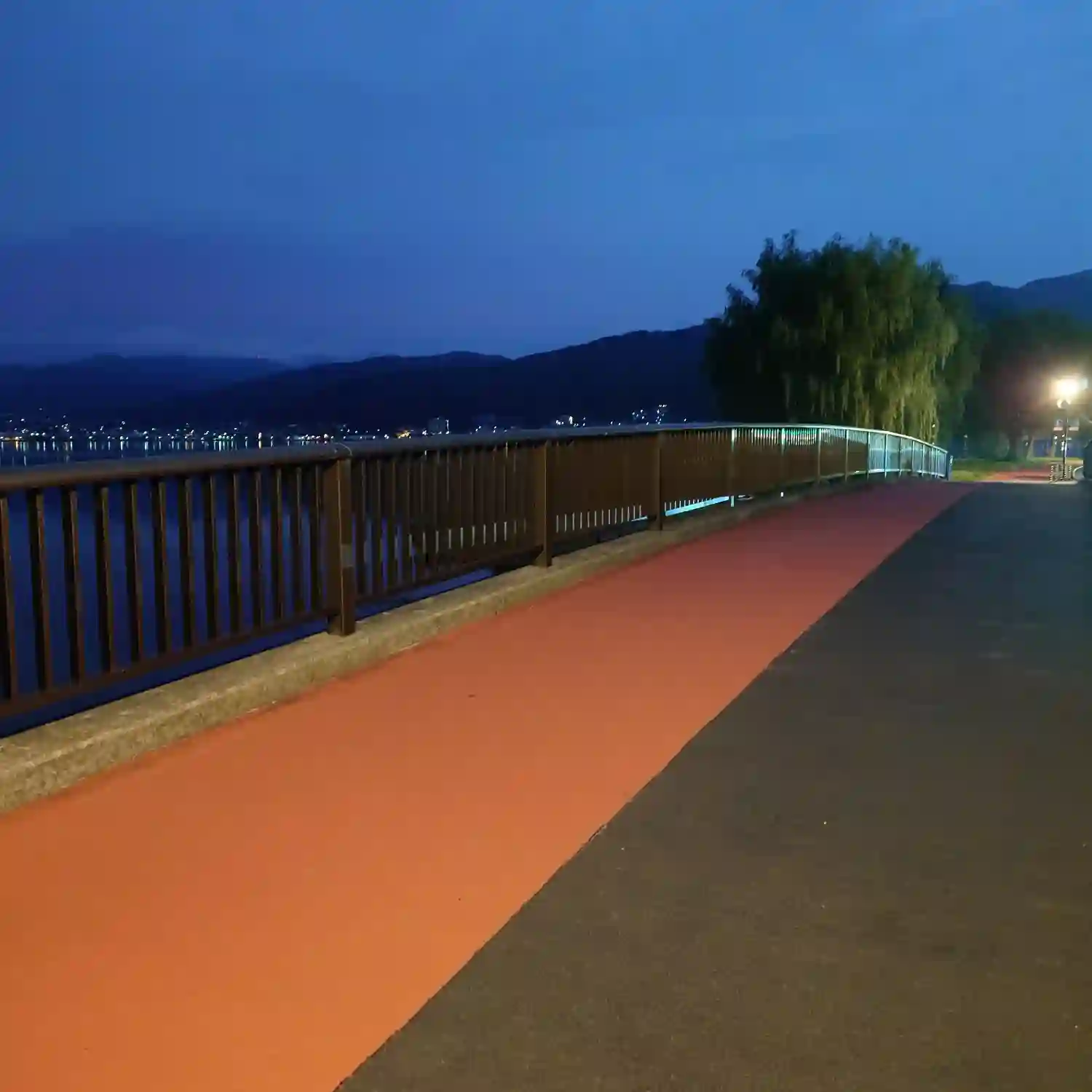 夜明け前の諏訪湖畔ジョギングロード